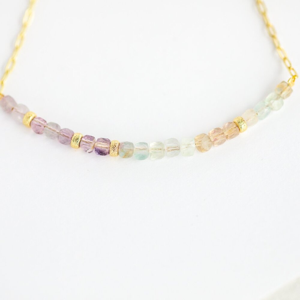 Pastel Gemstone Beaded Necklace Gold Paperclip Chain Waterproof Fluorite Crystal - Picture 13 of 13